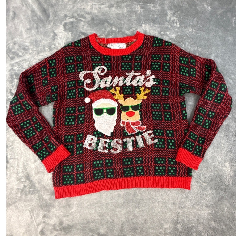 Derek Heart XL Ugly‎ Christmas Sweater Santas Bestie Sequin Reindeer Red Green
